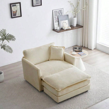 Modern Accent Chair with Ottoman, Living Room Club Chair Chenille Upholstered Armchair, Reading Chair Bedroom, Beige Chenille