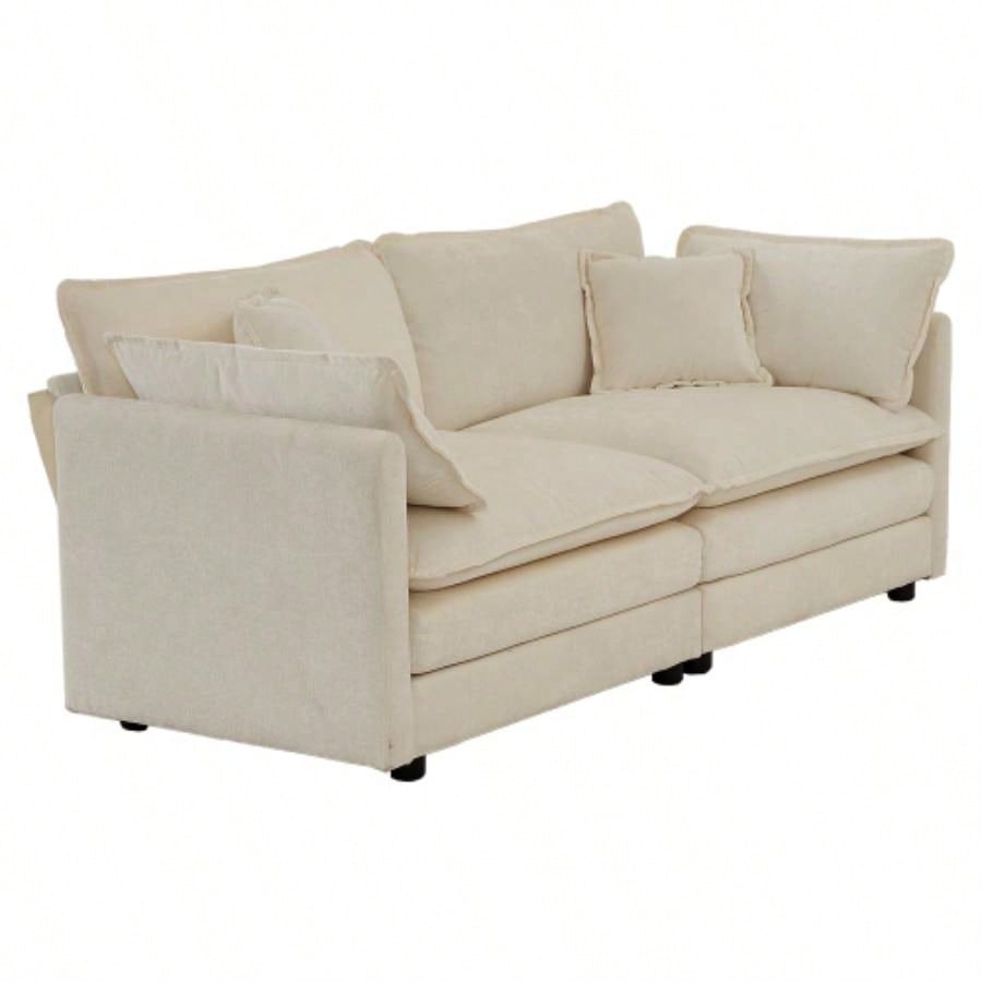 Modern Fabric Loveseat Sofa Couch Living Room, Upholstered Large Size Deep 2 - Sofa with 4 Pillows, Beige Chenille