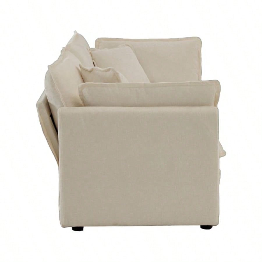Modern Fabric Loveseat Sofa Couch Living Room, Upholstered Large Size Deep 2 - Sofa with 4 Pillows, Beige Chenille