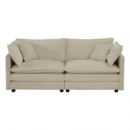 4 - Piece Upholstered Sectional Sofa, 1 - Piece of 2 Seater Sofa and 2 - Piece of Ottomans, 2 Seater Loveseat Lounge with Ottomans, Beige Chenille