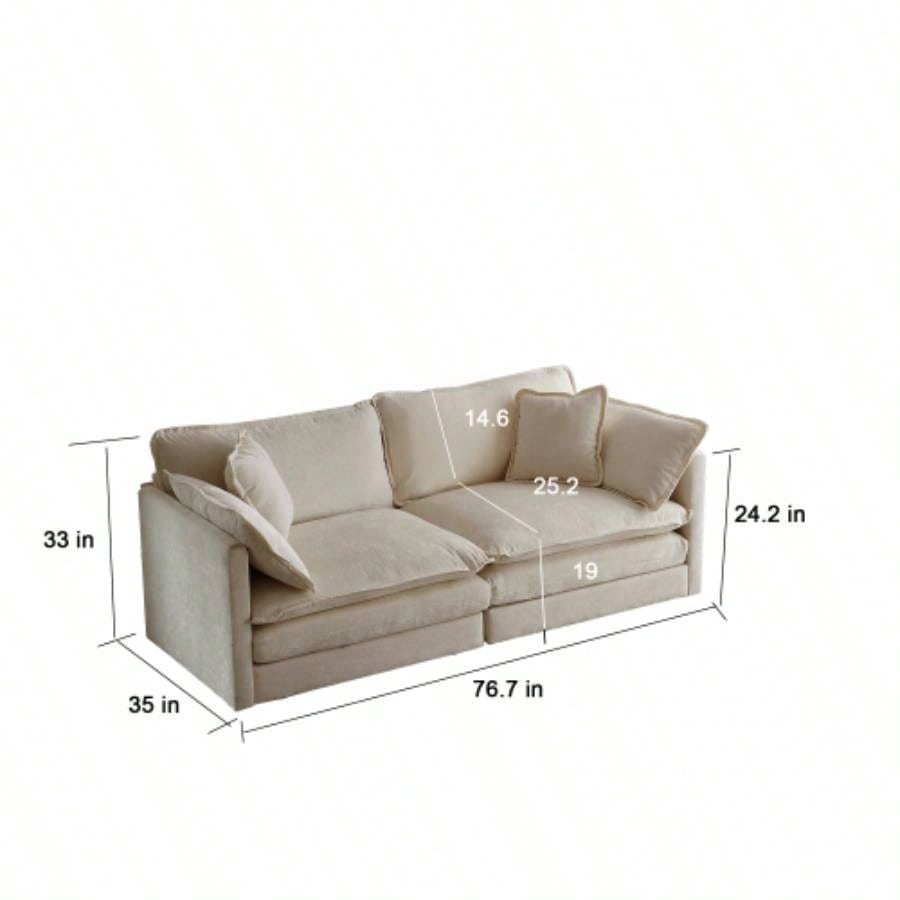 Modern Fabric Loveseat Sofa Couch Living Room, Upholstered Large Size Deep 2 - Sofa with 4 Pillows, Beige Chenille