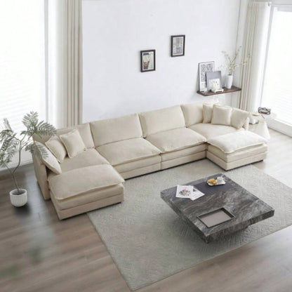 Comfort U Shaped Couch with Reversible Chaise, Modular Large U - Shape Sectional Sofa, Double Ottomans, Beige Chenille