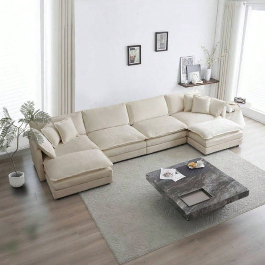 Comfort U Shaped Couch with Reversible Chaise, Modular Large U - Shape Sectional Sofa, Double Ottomans, Beige Chenille