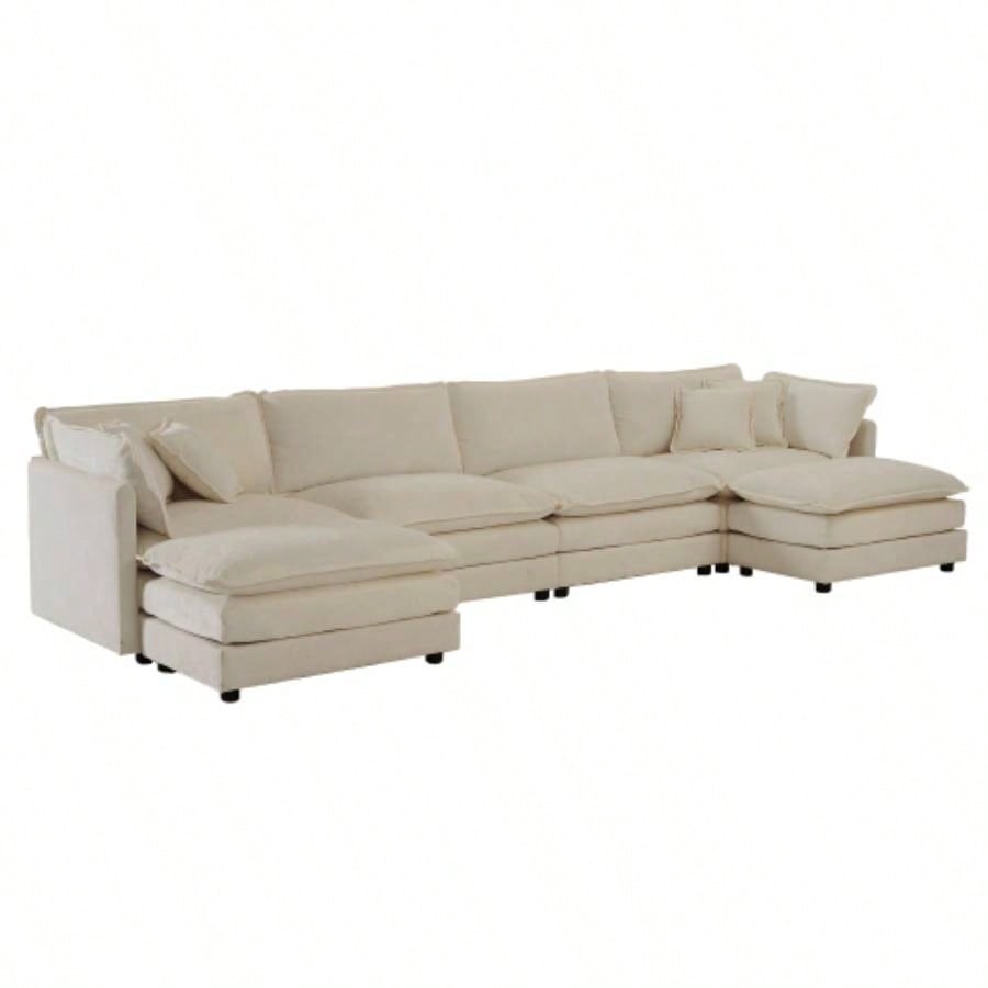 Comfort U Shaped Couch with Reversible Chaise, Modular Large U - Shape Sectional Sofa, Double Ottomans, Beige Chenille