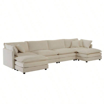 Comfort U Shaped Couch with Reversible Chaise, Modular Large U - Shape Sectional Sofa, Double Ottomans, Beige Chenille
