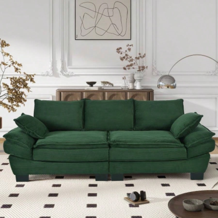 U - Style 85.4 Modern Curved Sofa, Back Upholstered Couch with 2 Decorative Throw Pillows, Corduroy Fabric Couch Living Room, Bedroom, Apartment