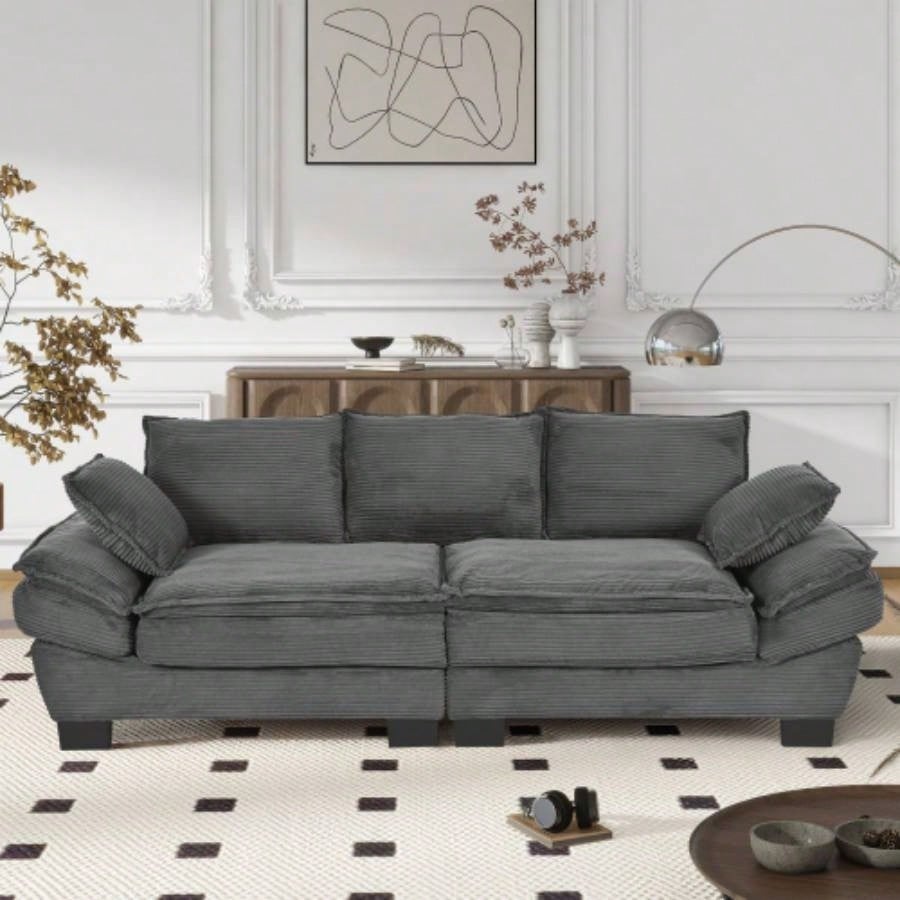 U - Style 85.4 Modern Curved Sofa, Back Upholstered Couch with 2 Decorative Throw Pillows, Corduroy Fabric Couch Living Room, Bedroom, Apartment