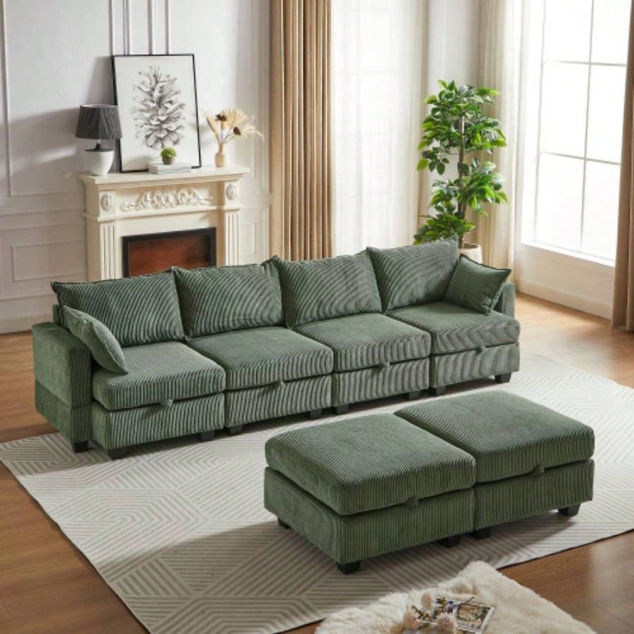 113.5 Modular Sectiona Corduroy Sofa, Sectional Couches Living Room U Shaped Sectional Couch with Storage Ottoman, 6 Seats Convertible Sectionals with Chaise