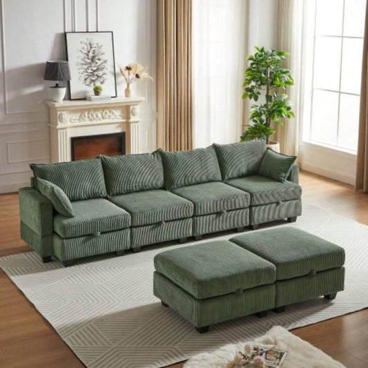 113.5 Modular Sectiona Corduroy Sofa, Sectional Couches Living Room U Shaped Sectional Couch with Storage Ottoman, 6 Seats Convertible Sectionals with Chaise