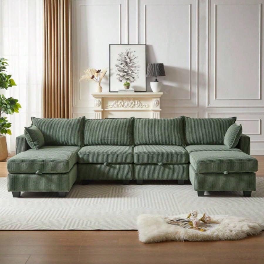 113.5 Modular Sectiona Corduroy Sofa, Sectional Couches Living Room U Shaped Sectional Couch with Storage Ottoman, 6 Seats Convertible Sectionals with Chaise