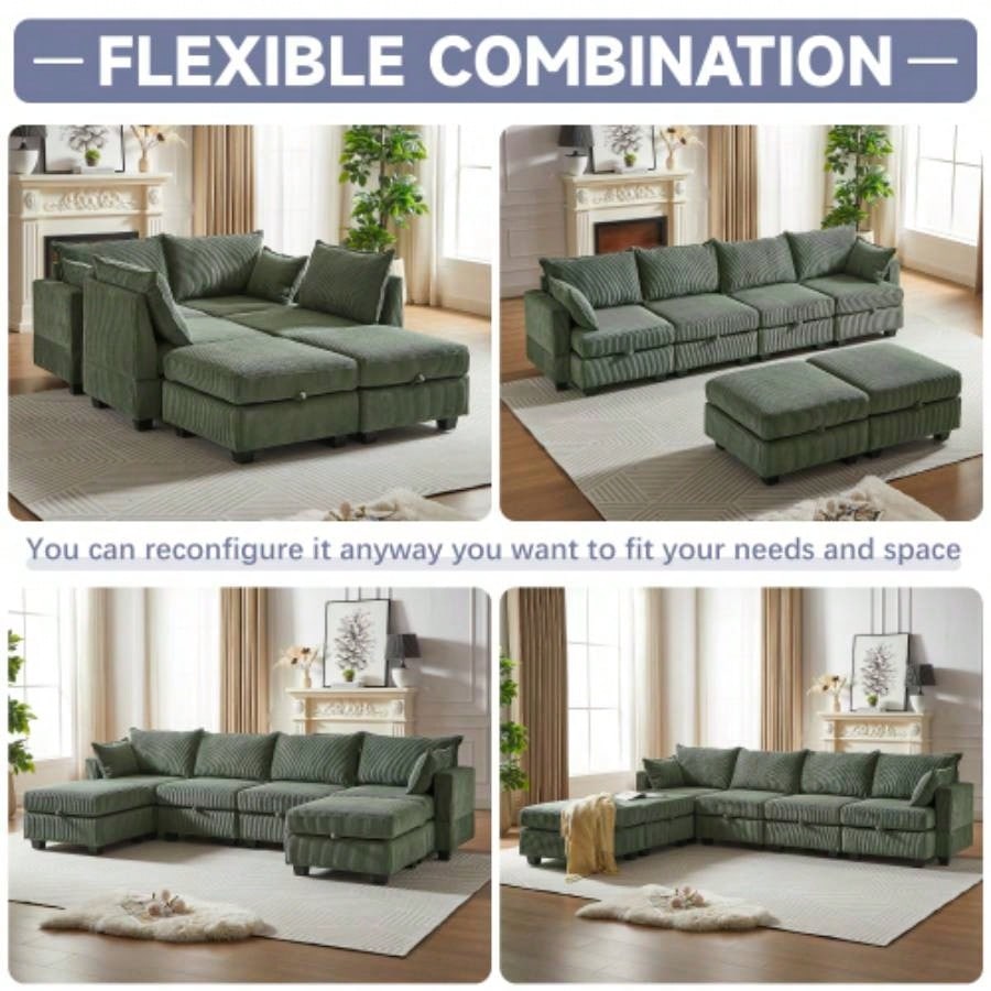 113.5 Modular Sectiona Corduroy Sofa, Sectional Couches Living Room U Shaped Sectional Couch with Storage Ottoman, 6 Seats Convertible Sectionals with Chaise