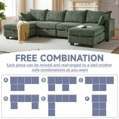 113.5 Modular Sectiona Corduroy Sofa, Sectional Couches Living Room U Shaped Sectional Couch with Storage Ottoman, 6 Seats Convertible Sectionals with Chaise