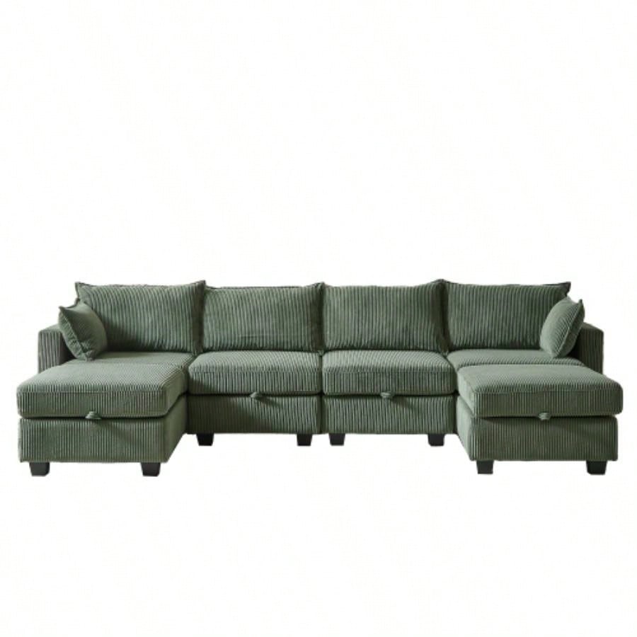 113.5 Modular Sectiona Corduroy Sofa, Sectional Couches Living Room U Shaped Sectional Couch with Storage Ottoman, 6 Seats Convertible Sectionals with Chaise
