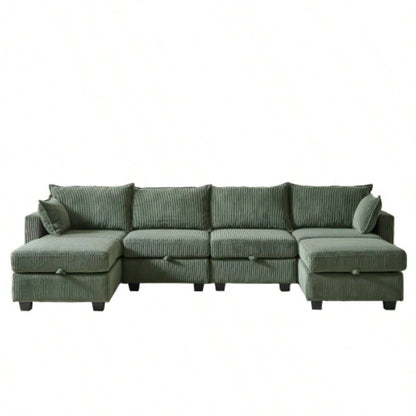 113.5 Modular Sectiona Corduroy Sofa, Sectional Couches Living Room U Shaped Sectional Couch with Storage Ottoman, 6 Seats Convertible Sectionals with Chaise