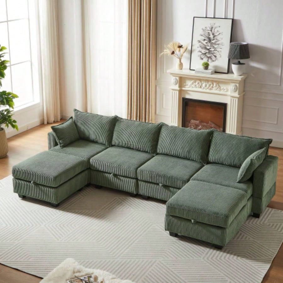 113.5 Modular Sectiona Corduroy Sofa, Sectional Couches Living Room U Shaped Sectional Couch with Storage Ottoman, 6 Seats Convertible Sectionals with Chaise