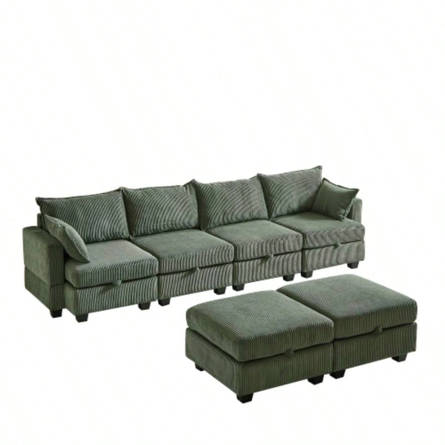 113.5 Modular Sectiona Corduroy Sofa, Sectional Couches Living Room U Shaped Sectional Couch with Storage Ottoman, 6 Seats Convertible Sectionals with Chaise