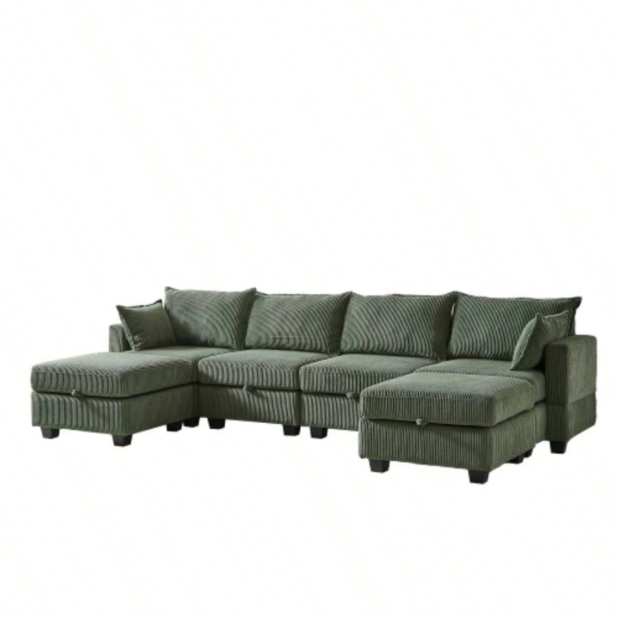 113.5 Modular Sectiona Corduroy Sofa, Sectional Couches Living Room U Shaped Sectional Couch with Storage Ottoman, 6 Seats Convertible Sectionals with Chaise