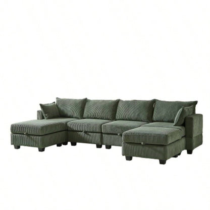 113.5 Modular Sectiona Corduroy Sofa, Sectional Couches Living Room U Shaped Sectional Couch with Storage Ottoman, 6 Seats Convertible Sectionals with Chaise