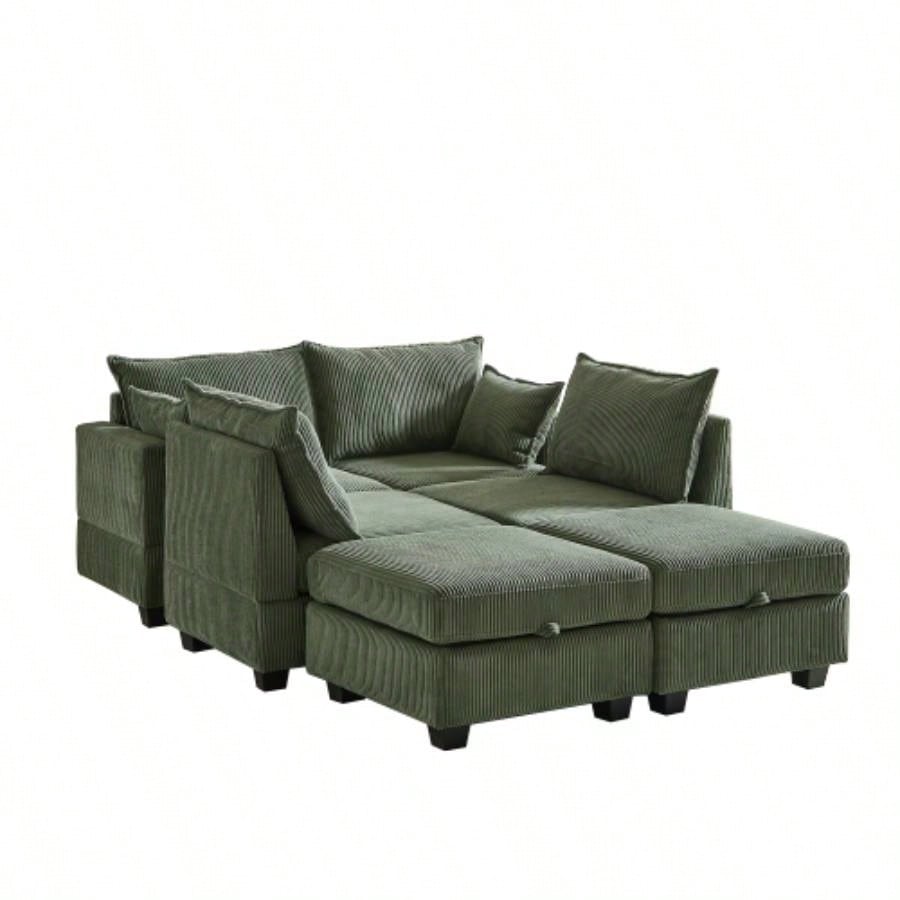 113.5 Modular Sectiona Corduroy Sofa, Sectional Couches Living Room U Shaped Sectional Couch with Storage Ottoman, 6 Seats Convertible Sectionals with Chaise