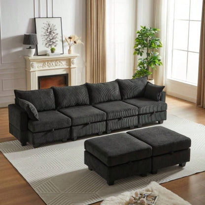113.5 Modular Sectiona Corduroy Sofa, Sectional Couches Living Room U Shaped Sectional Couch with Storage Ottoman, 6 Seats Convertible Sectionals with Chaise