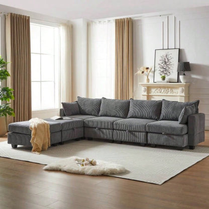 113.5 Modular Sectiona Corduroy Sofa, Sectional Couches Living Room U Shaped Sectional Couch with Storage Ottoman, 6 Seats Convertible Sectionals with Chaise