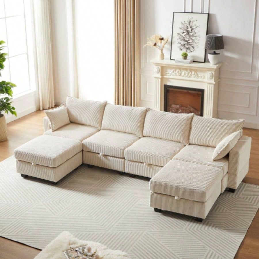 113.5 Modular Sectiona Corduroy Sofa, Sectional Couches Living Room U Shaped Sectional Couch with Storage Ottoman, 6 Seats Convertible Sectionals with Chaise