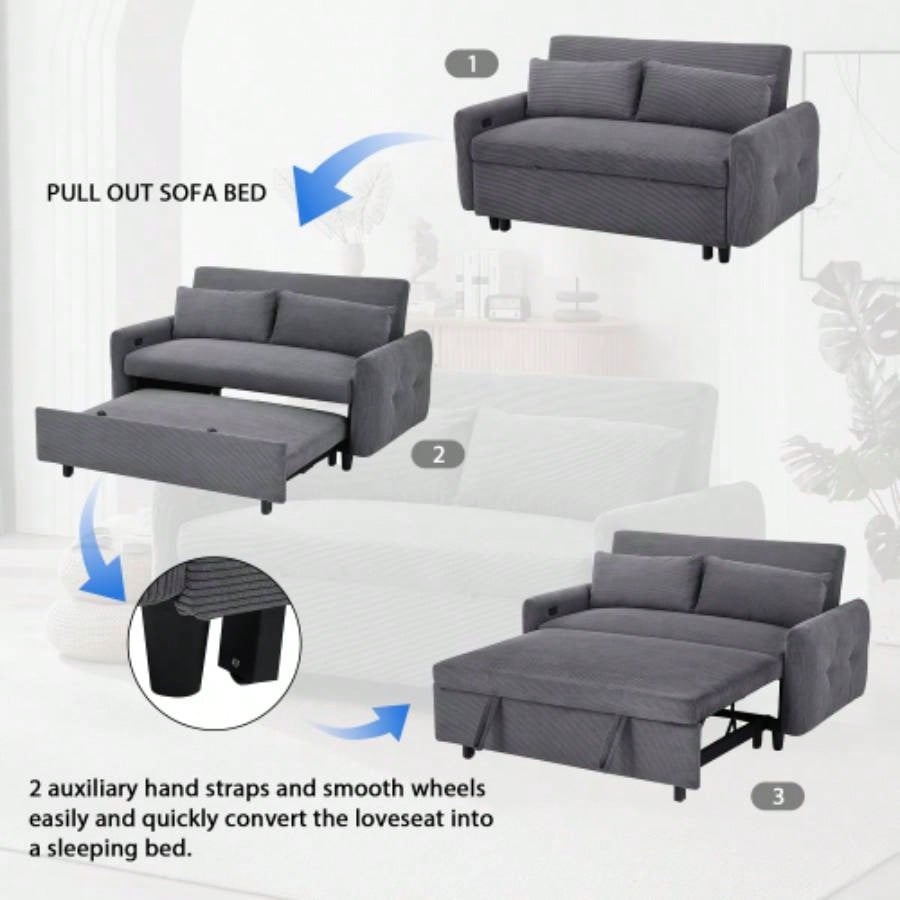 57.48 Pull - out Sofa Bed Convertible Couch 2 Loveseat Sofa Modern Sleeper Sofa with Two Throw Pillows and USB Ports Living Room, Dark Old Sku: WF317760AAR