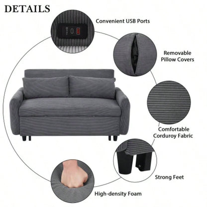57.48 Pull - out Sofa Bed Convertible Couch 2 Loveseat Sofa Modern Sleeper Sofa with Two Throw Pillows and USB Ports Living Room, Dark Old Sku: WF317760AAR