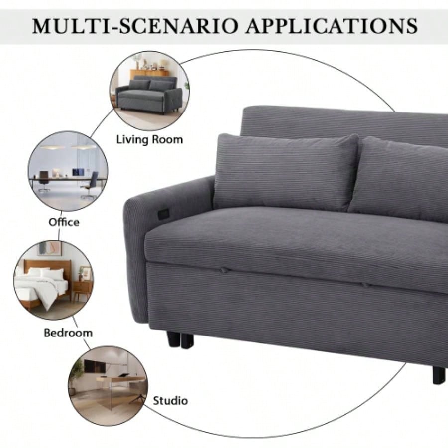 57.48 Pull - out Sofa Bed Convertible Couch 2 Loveseat Sofa Modern Sleeper Sofa with Two Throw Pillows and USB Ports Living Room, Dark Old Sku: WF317760AAR