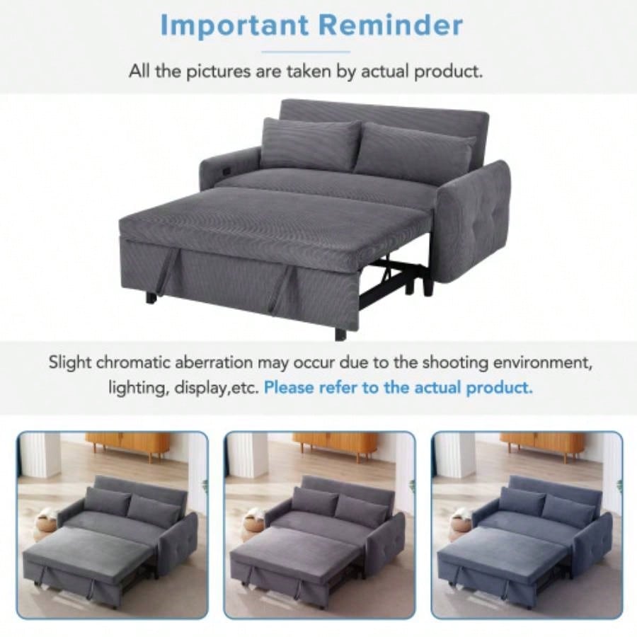 57.48 Pull - out Sofa Bed Convertible Couch 2 Loveseat Sofa Modern Sleeper Sofa with Two Throw Pillows and USB Ports Living Room, Dark Old Sku: WF317760AAR