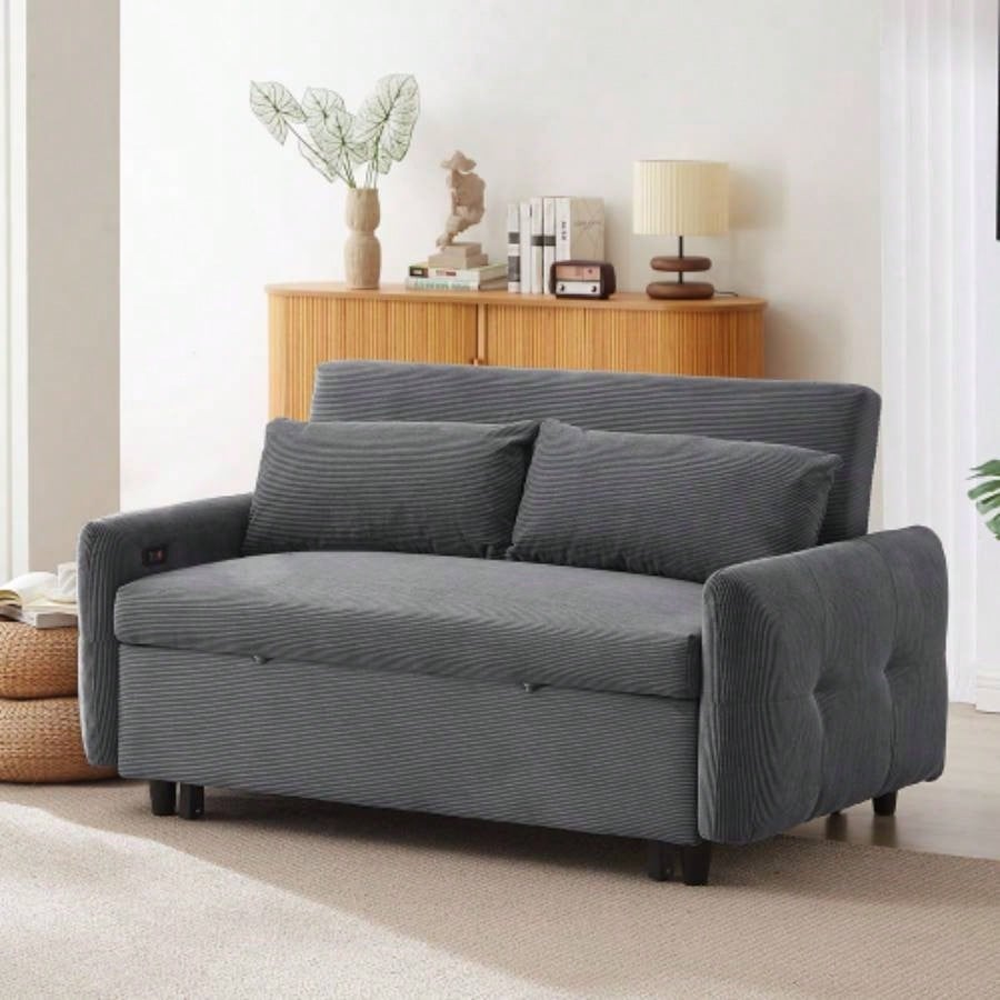 57.48 Pull - out Sofa Bed Convertible Couch 2 Loveseat Sofa Modern Sleeper Sofa with Two Throw Pillows and USB Ports Living Room, Dark Old Sku: WF317760AAR