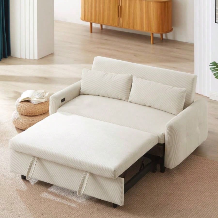 57.48 Pull - out Sofa Bed Convertible Couch 2 Loveseat Sofa Modern Sleeper Sofa with Two Throw Pillows and USB Ports Living Room, Dark Old Sku: WF317760AAR