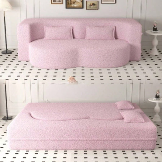 Modern Floor Sofa with 2 Pillows, Convertible Teddy Fabric Foam - Filled Sleeper Sofa Bed, 15 Full Size Folding Mattress Living Room, Guest Bed, Playroom, no assembly required, PinkOld Sku: W1885P230384