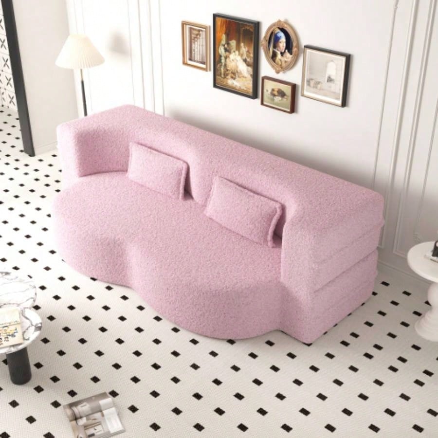 Modern Floor Sofa with 2 Pillows, Convertible Teddy Fabric Foam - Filled Sleeper Sofa Bed, 15 Full Size Folding Mattress Living Room, Guest Bed, Playroom, no assembly required, PinkOld Sku: W1885P230384