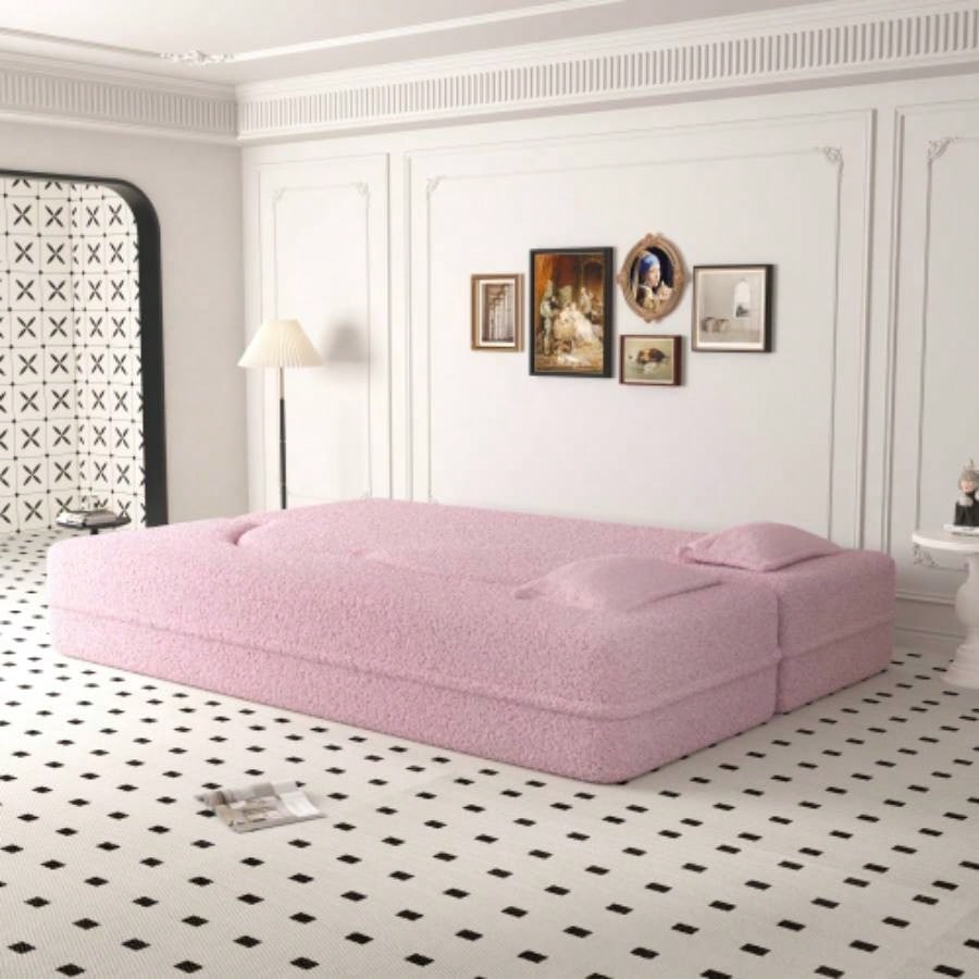 Modern Floor Sofa with 2 Pillows, Convertible Teddy Fabric Foam - Filled Sleeper Sofa Bed, 15 Full Size Folding Mattress Living Room, Guest Bed, Playroom, no assembly required, PinkOld Sku: W1885P230384