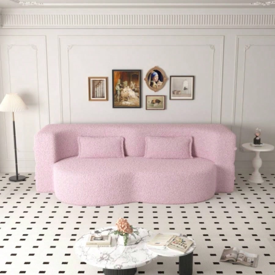 Modern Floor Sofa with 2 Pillows, Convertible Teddy Fabric Foam - Filled Sleeper Sofa Bed, 15 Full Size Folding Mattress Living Room, Guest Bed, Playroom, no assembly required, PinkOld Sku: W1885P230384
