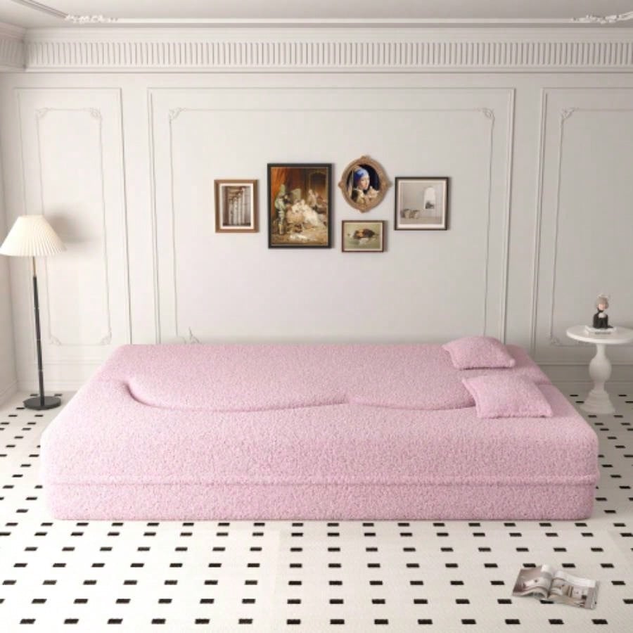 Modern Floor Sofa with 2 Pillows, Convertible Teddy Fabric Foam - Filled Sleeper Sofa Bed, 15 Full Size Folding Mattress Living Room, Guest Bed, Playroom, no assembly required, PinkOld Sku: W1885P230384