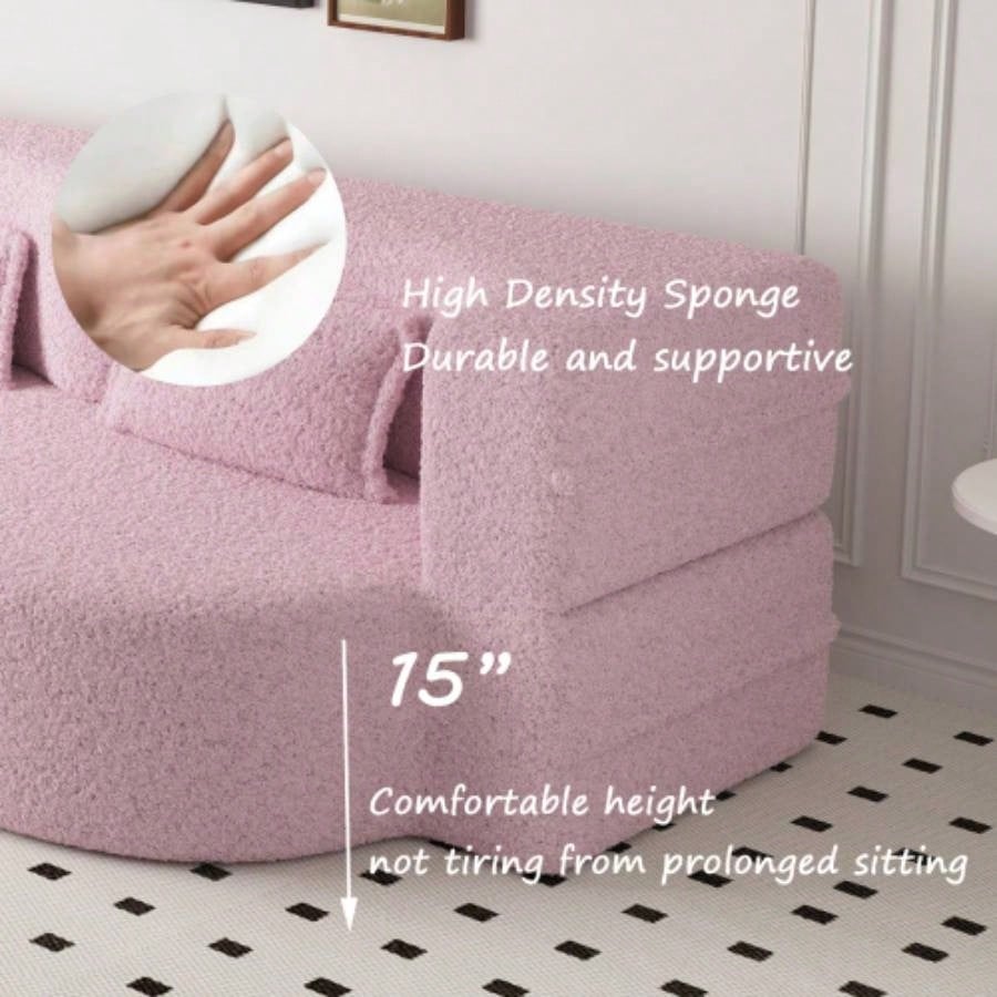 Modern Floor Sofa with 2 Pillows, Convertible Teddy Fabric Foam - Filled Sleeper Sofa Bed, 15 Full Size Folding Mattress Living Room, Guest Bed, Playroom, no assembly required, PinkOld Sku: W1885P230384