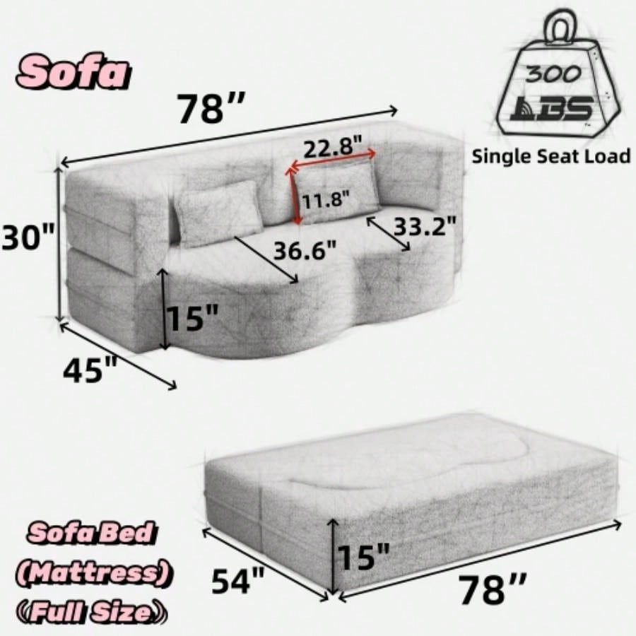 Modern Floor Sofa with 2 Pillows, Convertible Teddy Fabric Foam - Filled Sleeper Sofa Bed, 15 Full Size Folding Mattress Living Room, Guest Bed, Playroom, no assembly required, PinkOld Sku: W1885P230384