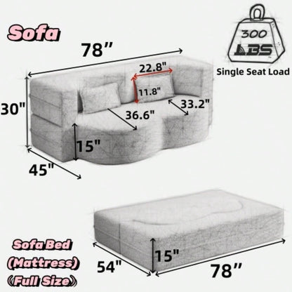 Modern Floor Sofa with 2 Pillows, Convertible Teddy Fabric Foam - Filled Sleeper Sofa Bed, 15 Full Size Folding Mattress Living Room, Guest Bed, Playroom, no assembly required, PinkOld Sku: W1885P230384