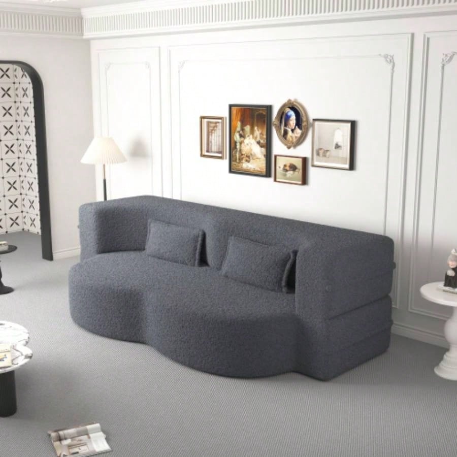 Modern Floor Sofa with 2 Pillows, Convertible Teddy Fabric Foam - Filled Sleeper Sofa Bed, 15 Full Size Folding Mattress Living Room, Guest Bed, Playroom, no assembly required, Old Sku: W1885P230385