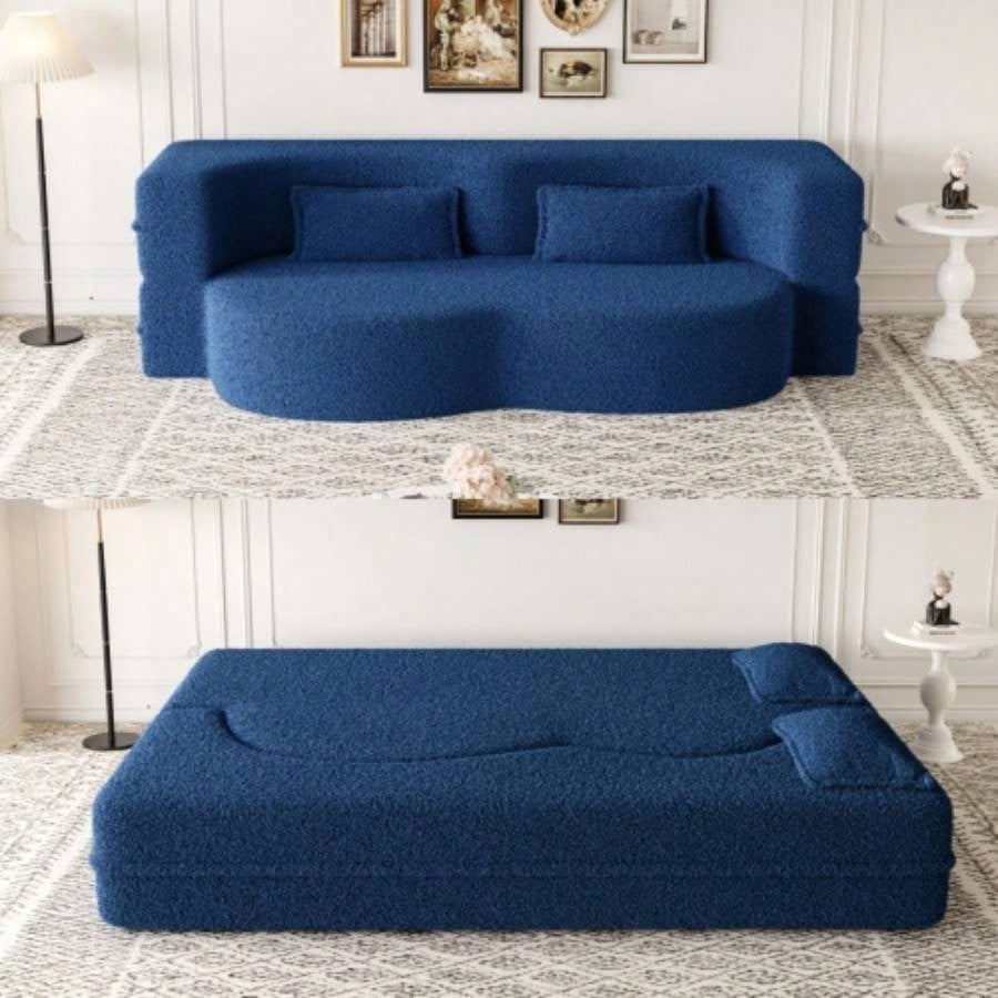 Modern Floor Sofa with 2 Pillows, Convertible Teddy Fabric Foam - Filled Sleeper Sofa Bed, 15 Full Size Folding Mattress Living Room, Guest Bed, Playroom, no assembly required, Old Sku: W1885P230385