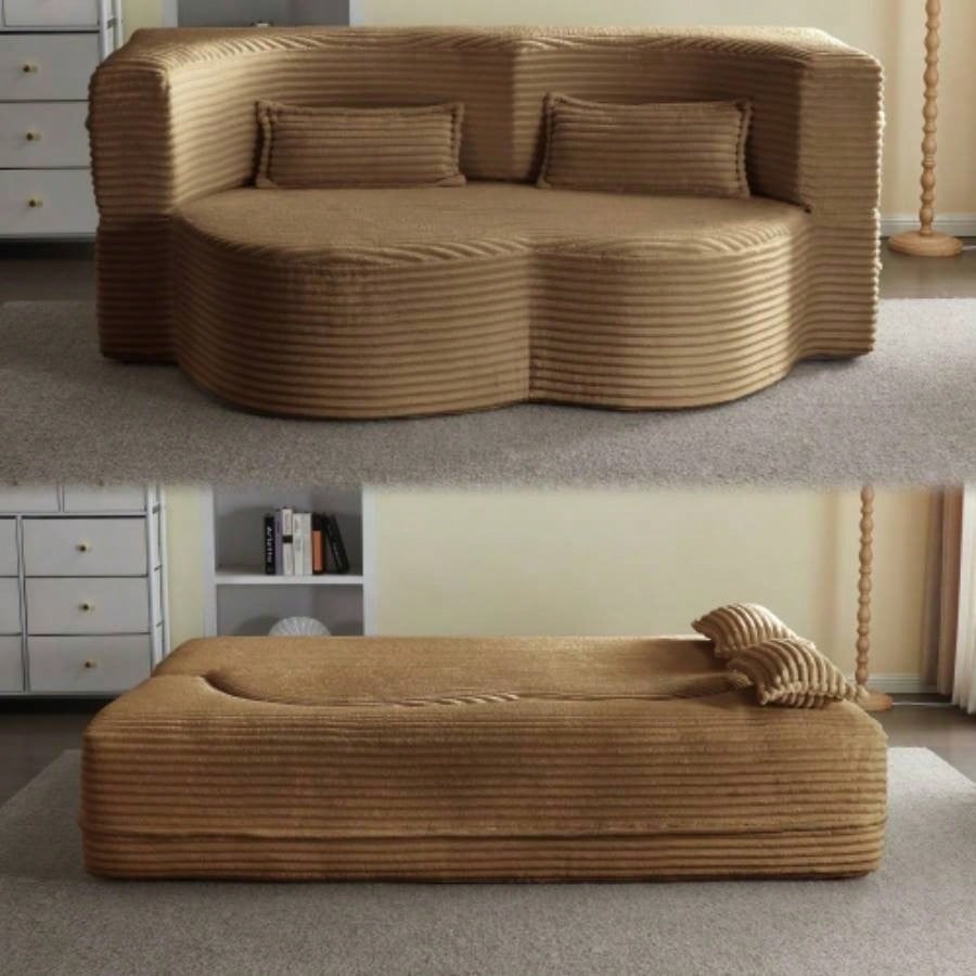Modern Floor Sofa with 2 Pillows, Convertible Teddy Fabric Foam - Filled Sleeper Sofa Bed, 15 Full Size Folding Mattress Living Room, Guest Bed, Playroom, no assembly required, Old Sku: W1885P230385