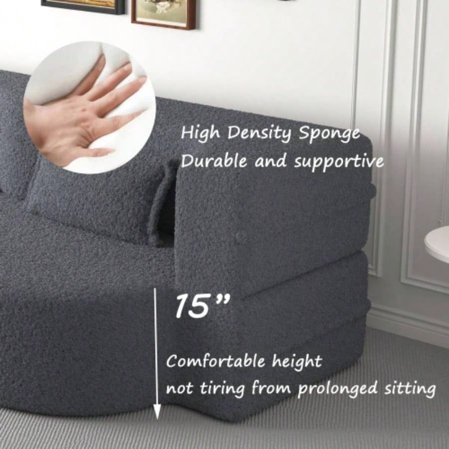 Modern Floor Sofa with 2 Pillows, Convertible Teddy Fabric Foam - Filled Sleeper Sofa Bed, 15 Full Size Folding Mattress Living Room, Guest Bed, Playroom, no assembly required, Old Sku: W1885P230385