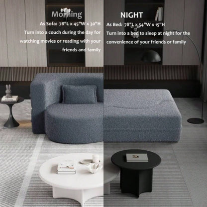 Modern Floor Sofa with 2 Pillows, Convertible Teddy Fabric Foam - Filled Sleeper Sofa Bed, 15 Full Size Folding Mattress Living Room, Guest Bed, Playroom, no assembly required, Old Sku: W1885P230385