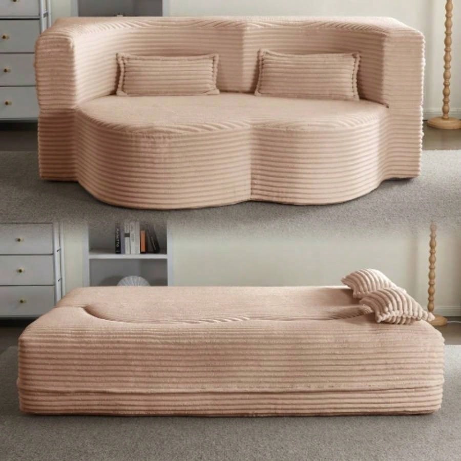 Modern Floor Sofa with 2 Pillows, Convertible Teddy Fabric Foam - Filled Sleeper Sofa Bed, 15 Full Size Folding Mattress Living Room, Guest Bed, Playroom, no assembly required, Old Sku: W1885P230385