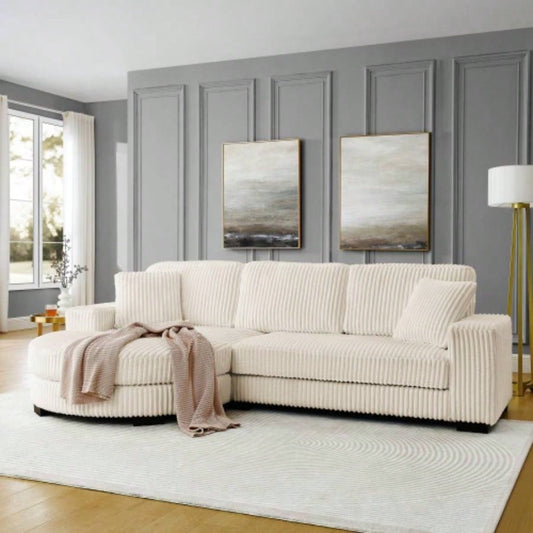Corduroy Tufted Upholstered Sleeper Sectional Sofa, L - Shaped Modular Convertible Sofa, - shaped footstool can be placed freely on left and right - Beige