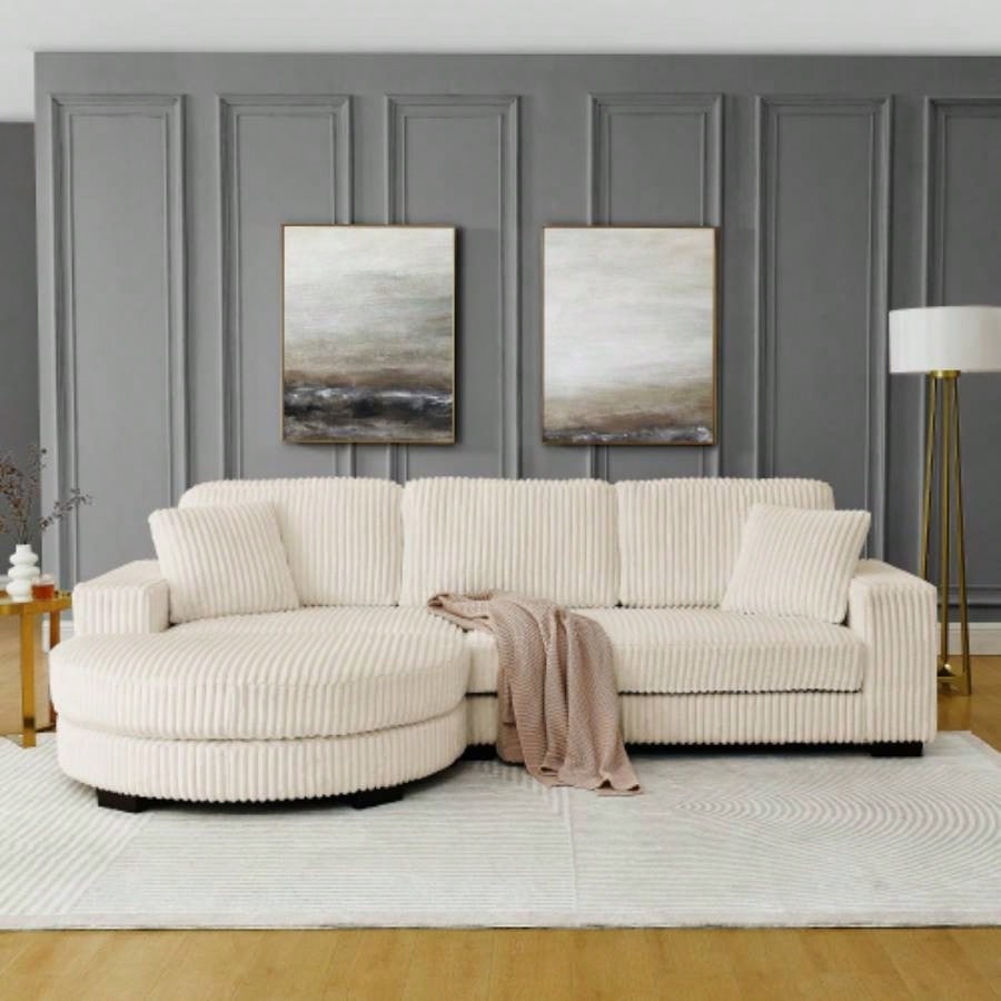 Corduroy Tufted Upholstered Sleeper Sectional Sofa, L - Shaped Modular Convertible Sofa, - shaped footstool can be placed freely on left and right - Beige