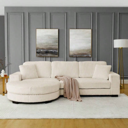 Corduroy Tufted Upholstered Sleeper Sectional Sofa, L - Shaped Modular Convertible Sofa, - shaped footstool can be placed freely on left and right - Beige
