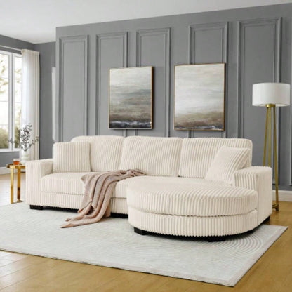 Corduroy Tufted Upholstered Sleeper Sectional Sofa, L - Shaped Modular Convertible Sofa, - shaped footstool can be placed freely on left and right - Beige
